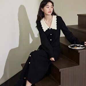 Kuose Premium Knit Lapel Black Dress